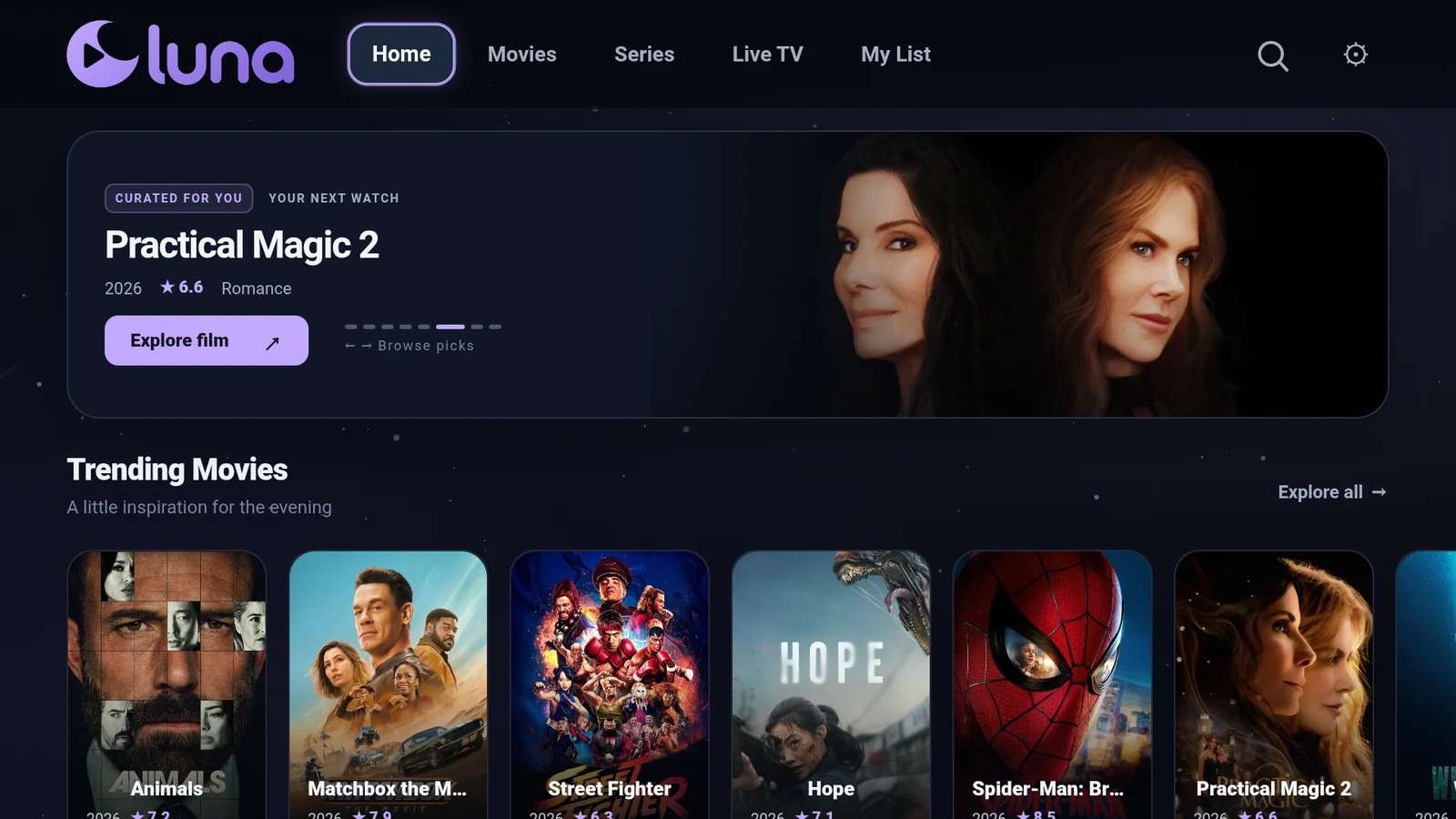 Luna home screen on a Fire TV, showing the movie and series catalogue